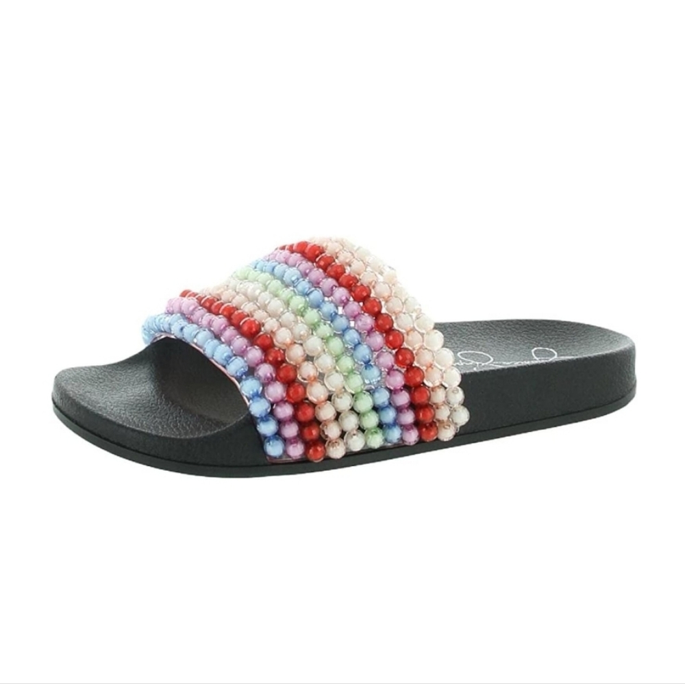 🆕️ JESSICA SIMPSON Black Pool Beaded Saycie Round Toe Slip On Slide Sandals 7